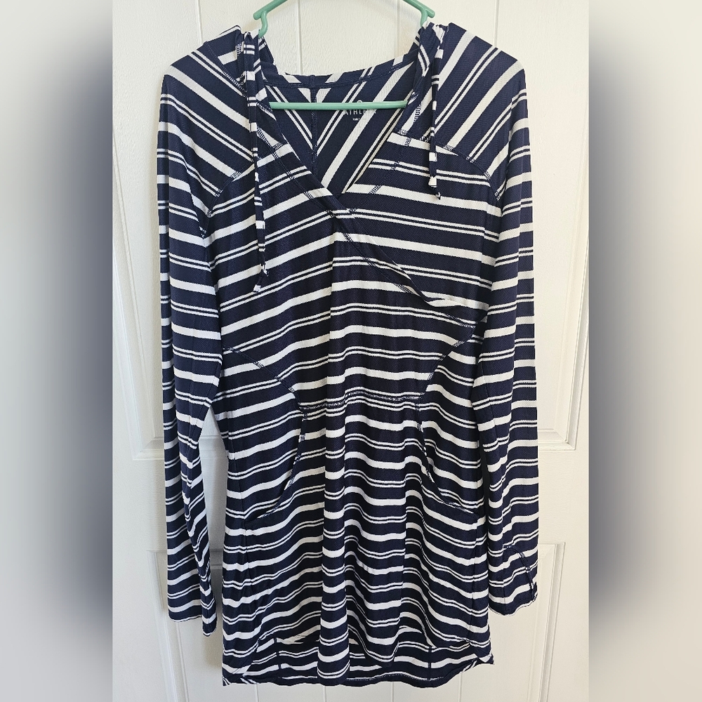 ATHLETA Blue Striped Wick It Mesh Wader, Hoodie, Pockets Mini Dress
